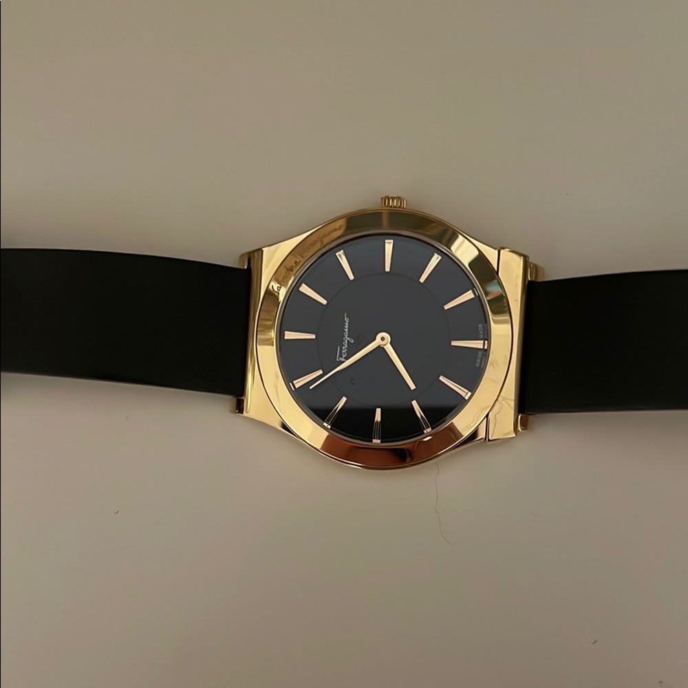 Ferragamo Gold Watch with Black Dial & Black Leather Band